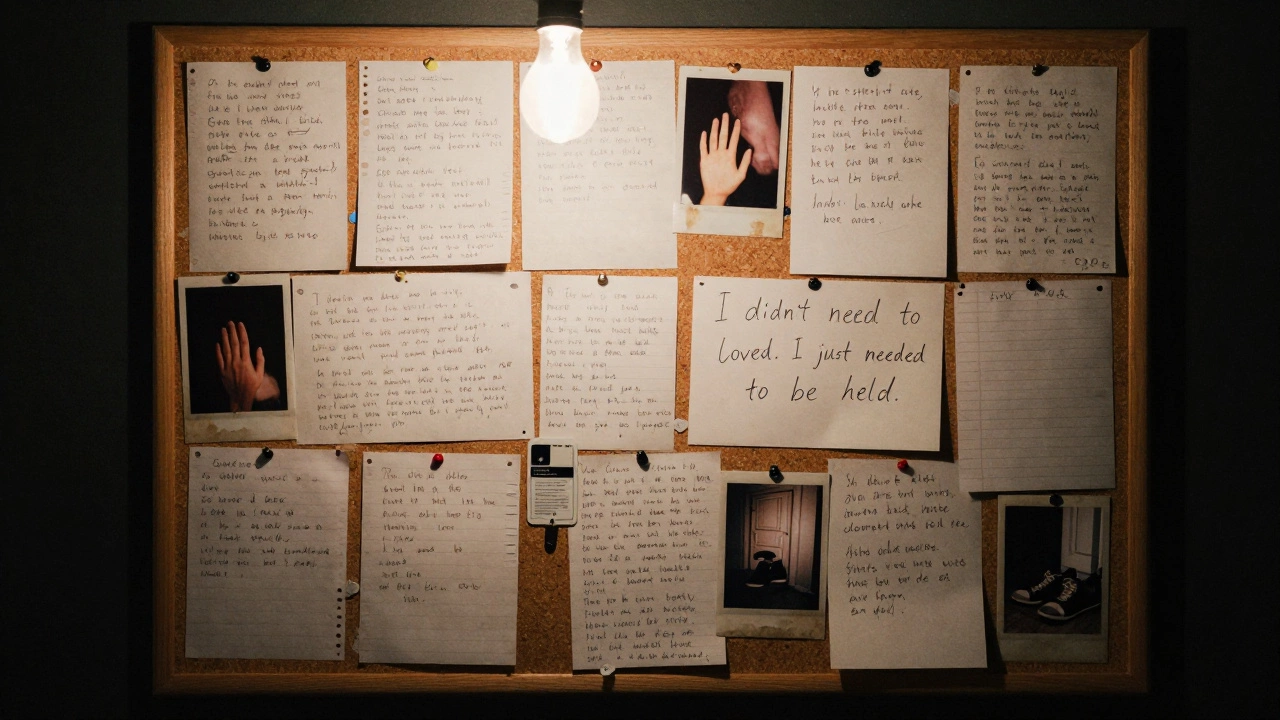 A corkboard covered in handwritten confessions and faded photos, lit by a single bulb in a dark room.