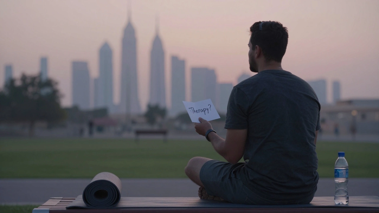 A lonely expat on a park bench at dawn, holding a note, city towers rising behind, quiet sense of isolation.