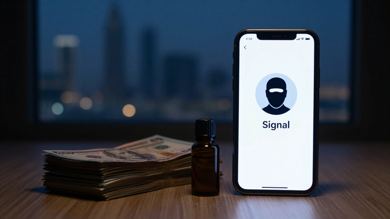 A smartphone screen glowing with encrypted messaging app, cash and essential oil beside it, Dubai skyline in background.