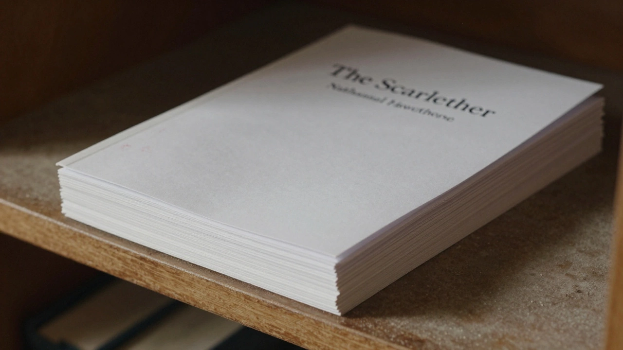 A stack of anonymous pamphlets hidden inside an old copy of &#039;The Scarlet Letter&#039; on a library shelf.